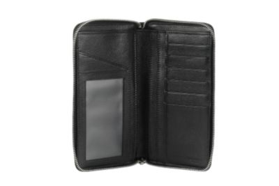 Zip Around Wallet with Metal Engraved Plate in Black Leather